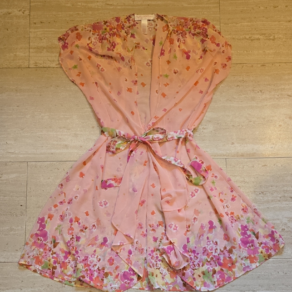 Oscar de la Renta Pink Label Sheer Pink Floral Tie Waist Tunic Dress/Robe